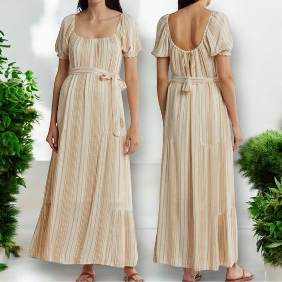 LOVESTITCH Women’s Stripe Puff Sleeves Maxi Dress in Size Large in Natural/Tan - Picture 1 of 7